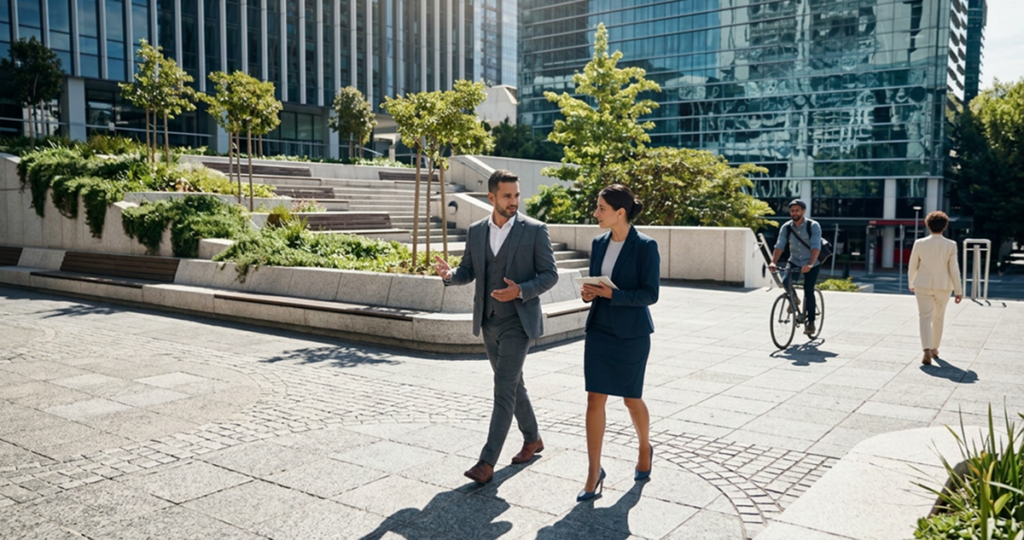 Dois profissionais a caminhar numa zona empresarial exterior, entre edifícios modernos, em contexto de conversa