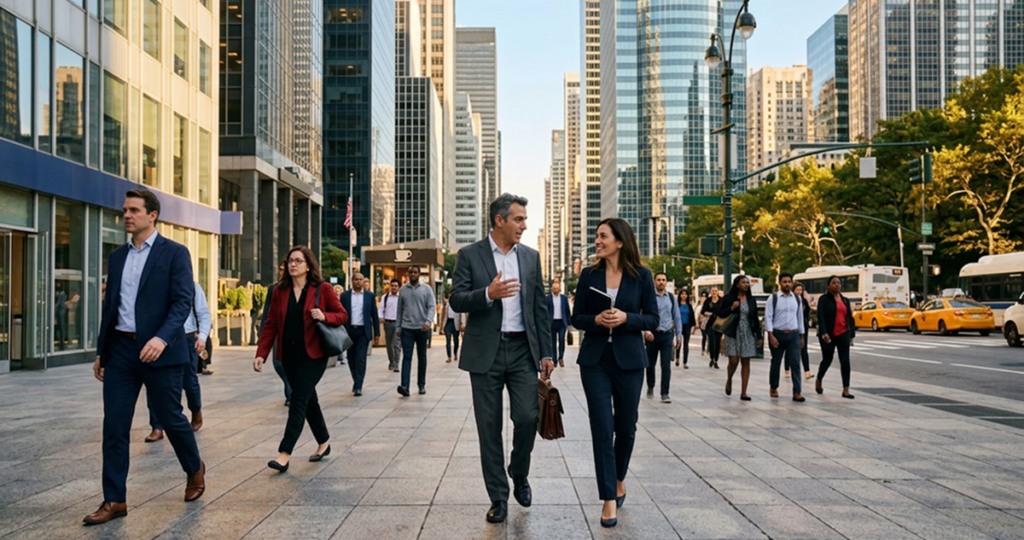 Profissionais a caminhar numa zona empresarial urbana, entre edifícios altos