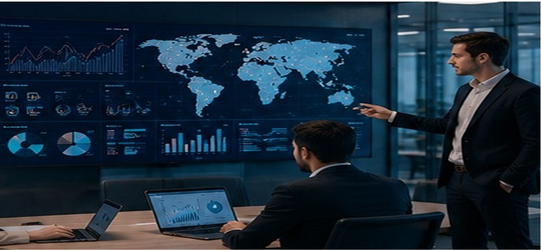 Equipa executiva a analisar tendências de mercado